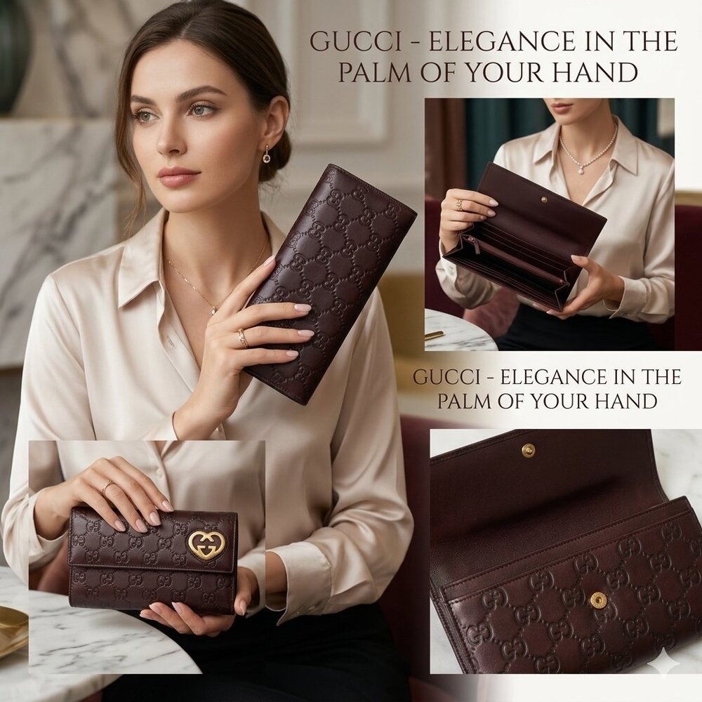 Gucci Guccissima Leather Maroon Brown Long Wallet with Gold Heart GG Design